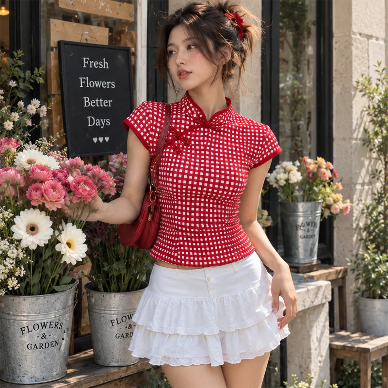 2026 Summer New Women Short Sleeve T Shirt Gingham Plaid Mandarin Collar Frog Button Slim Fit Vintage Chinese Style Casual Top
