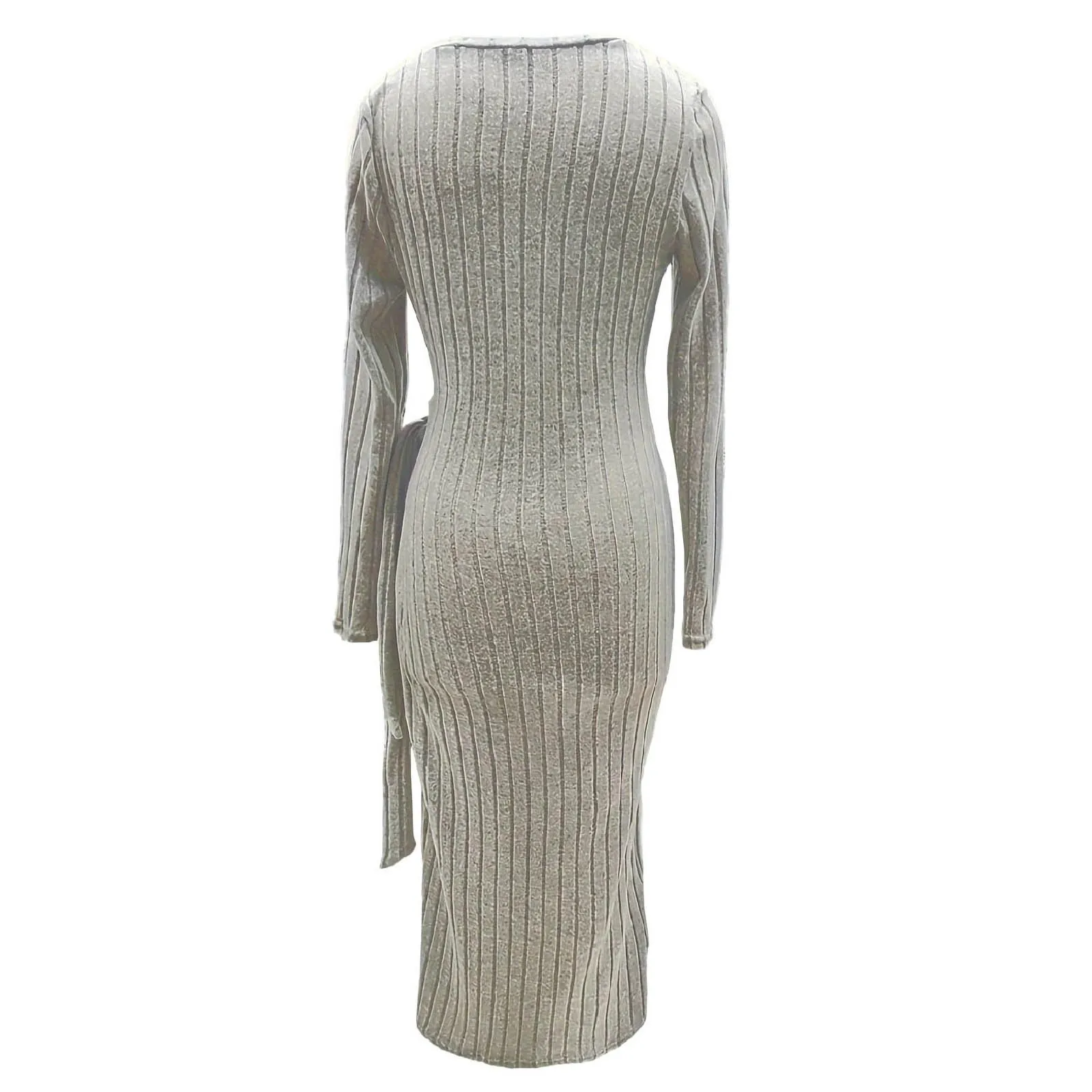 Women Knit Maxi Dress Warm Knitted Jacquard Robe Casual Long Sleeved Round Neck Side Slit Sweater Dress Slim Fit Streetwear