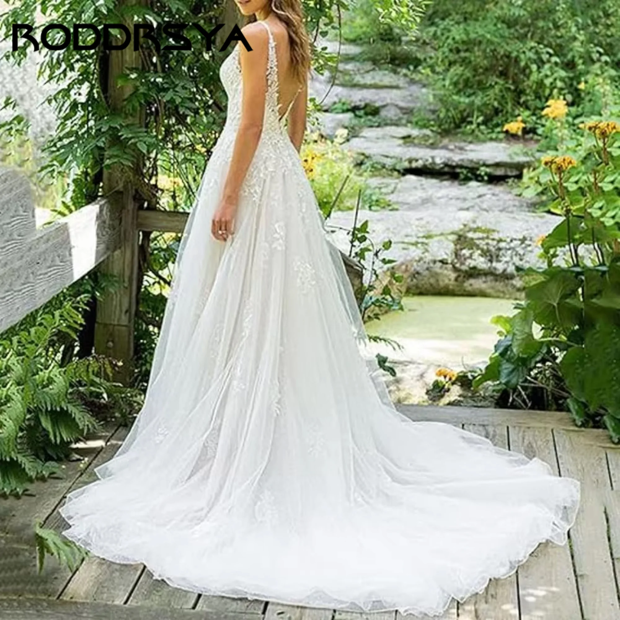 RODDRSYA-vestido De Novia bohemio De encaje, corte en A, tul, con cuello en V, sin mangas, sin espalda, elegante, personalizado RODDRSYA Boho encaje vestido de novia vestido de novia con cuello en V vestidos de tanque