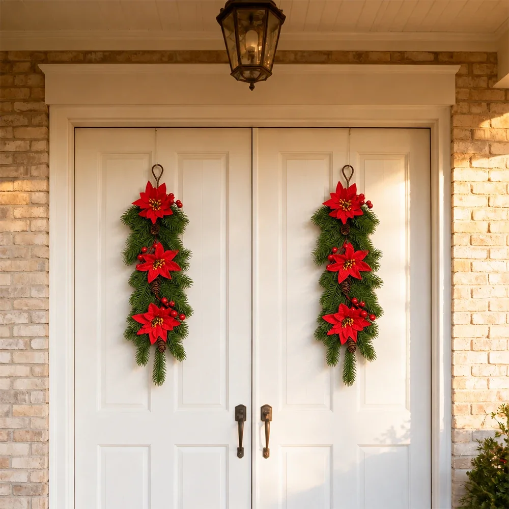 2-teilige Weihnachts-Hängegirlanden, künstliche Kiefernzweige, Weihnachtssternbeeren, Tannenzapfen für Tür-, Wand- und Kamin-Dekoration, Weihnachtskränze – Detail 5