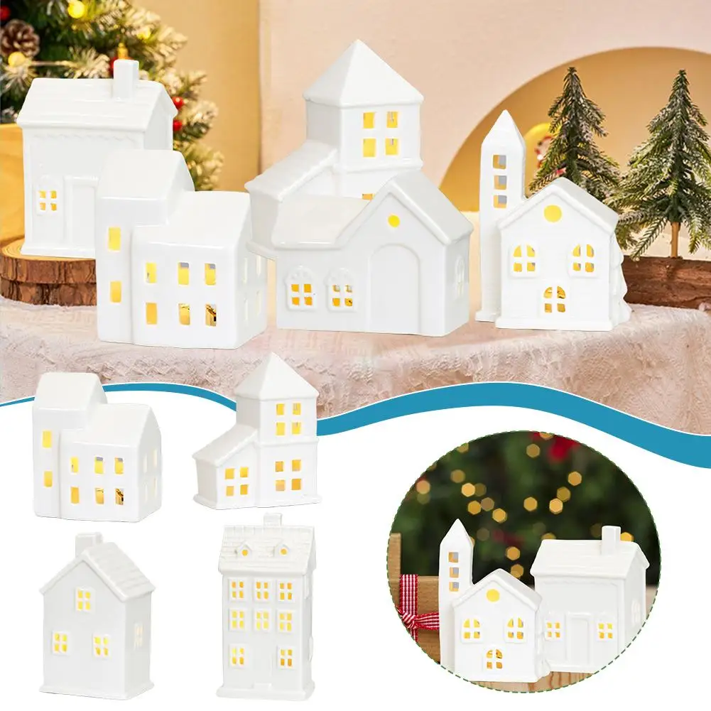 1PC Ceramic White Christmas Village Houses Light Up LED Lighted Tabletop House Figurines for Winter Holiday Home Decor