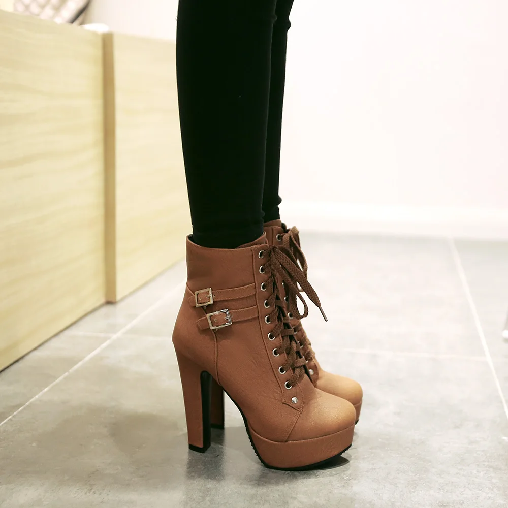 Fashion Brown Women’s Ankle Boots Platform High Heels Motorcycle Boot Sexy Buckle Lace-up Ladies Party Shoes Large Size 45 48