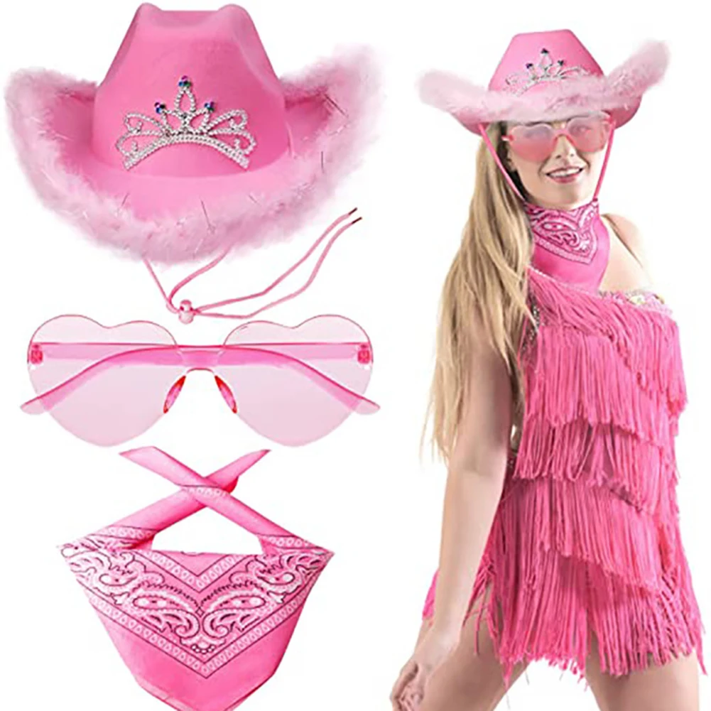 3 Pieces Western Cowgirl Costume Set Including Cowgirl Hat Heart Shaped Sunglasses Bandana For Western Costume Dress Accessory