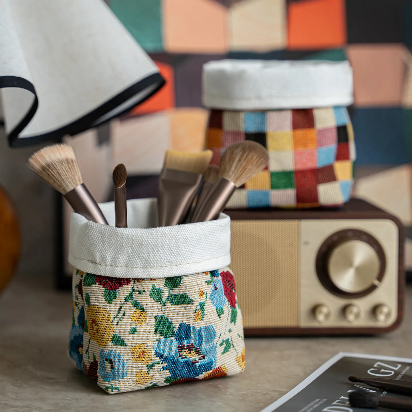 Desk Retro Fabric Storage Basket, Color-block Storage Box, Home Multifunctional Brush Holder And Decoration
