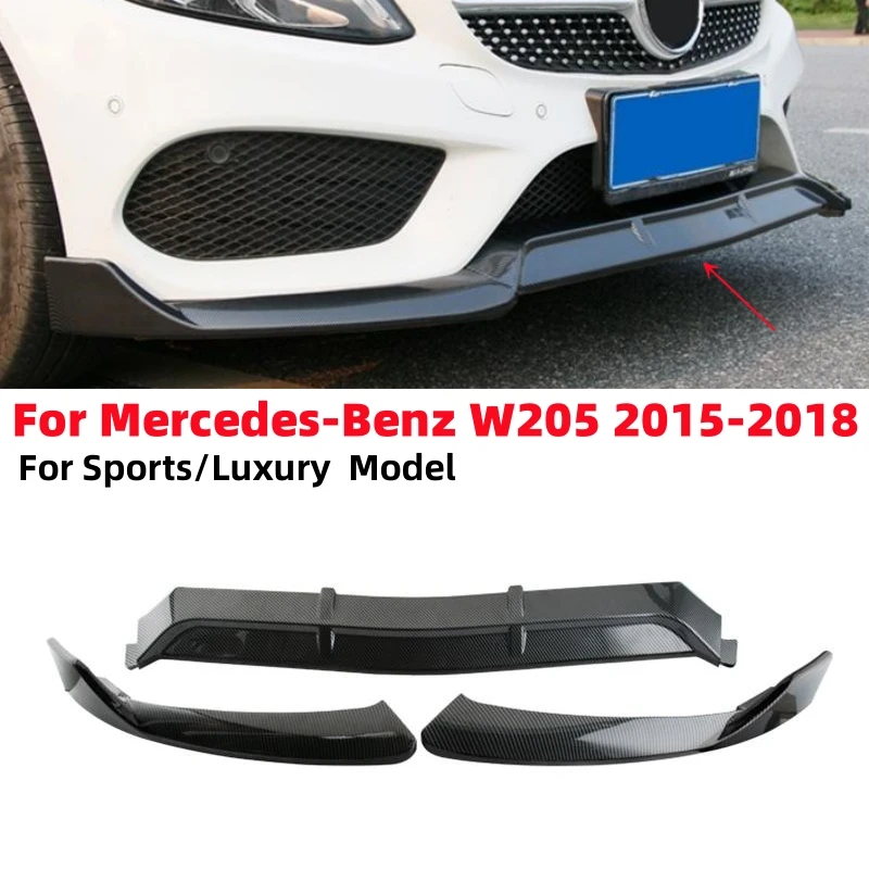 3Pcs Carbon Fiber Car Front Bumper Lip Body Kit Spoiler Spoiler For Mercedes Benz W205 2015-2018 (Sports/Luxury Model)