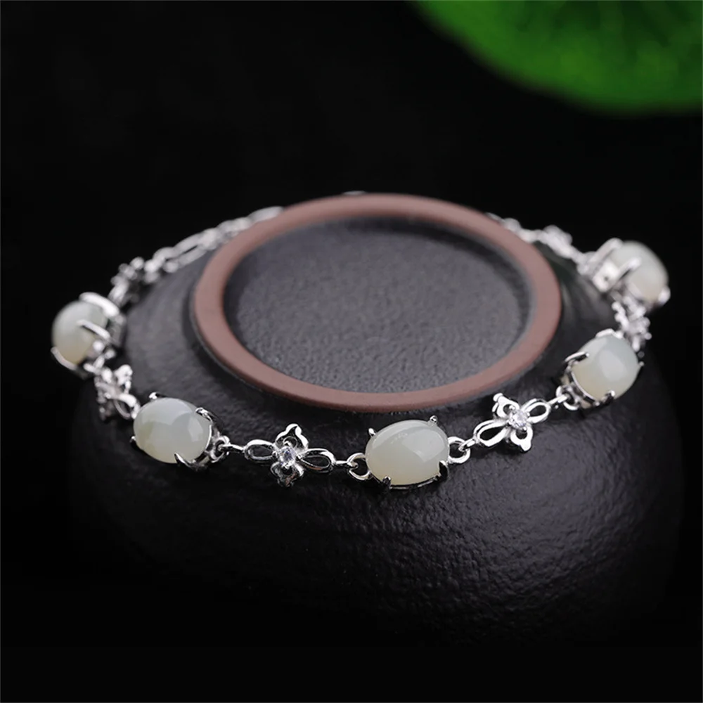 Genuine 925 Silver Natural White HeTian Jade Lucky Bracelet Charm Chain Link Bracelets Certificate Fine Jewelry Luxury Gift