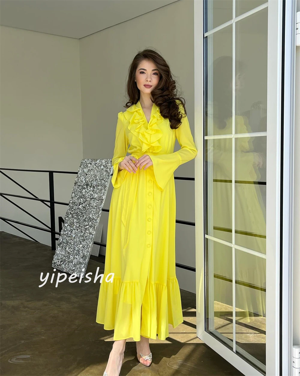 Chiffon Draped Pleat Ruffles Button Evening A-line V-Neck Bespoke Occasion Gown Midi Dresses