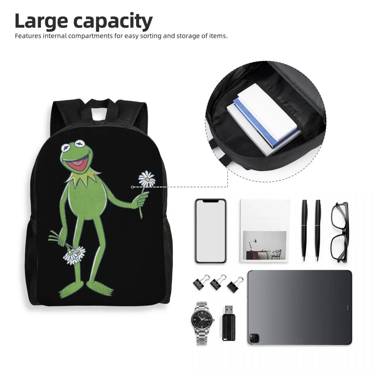 Mochila personalizada con ramo de flores Kermit para ordenador portátil para hombres y mujeres, bolsa básica para escuela, estudiante universitario, bolsa de dibujos animados de Anime