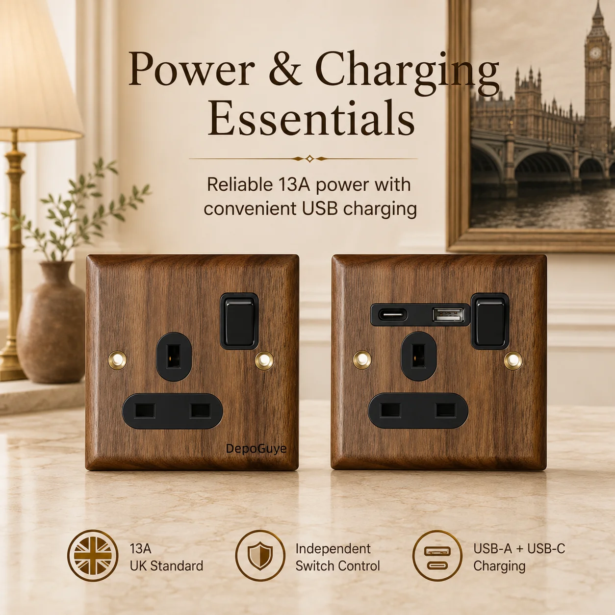 High Quality Retro Europe Type Vintage Wall Light Switch Socket, Solid Wood Brass Toggle Switch Plate, Antique Home Stay Switch