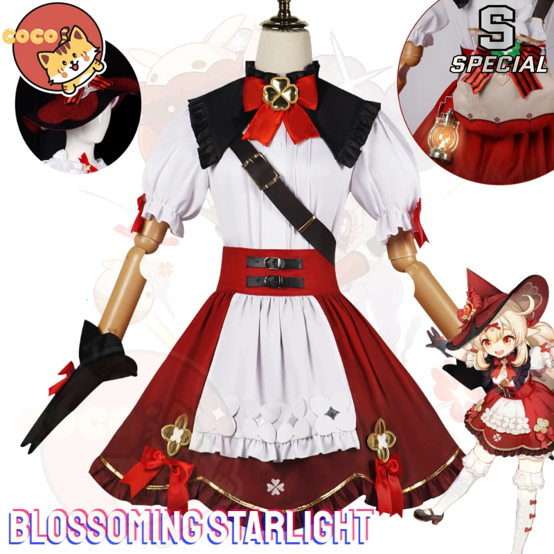 

Klee New Skin Cosplay Costume Game Genshin Impact Klee Blossoming Starlight Costume Klee Little Witch Cosplay and Wig CoCos-S