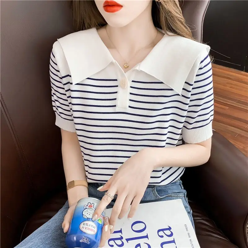 Ice Silk Short Sleeve T-shirt for Women\'s Summer New Striped Polo Neck Thin All-match Youth Tops Sweet Fashion Korean Clothing