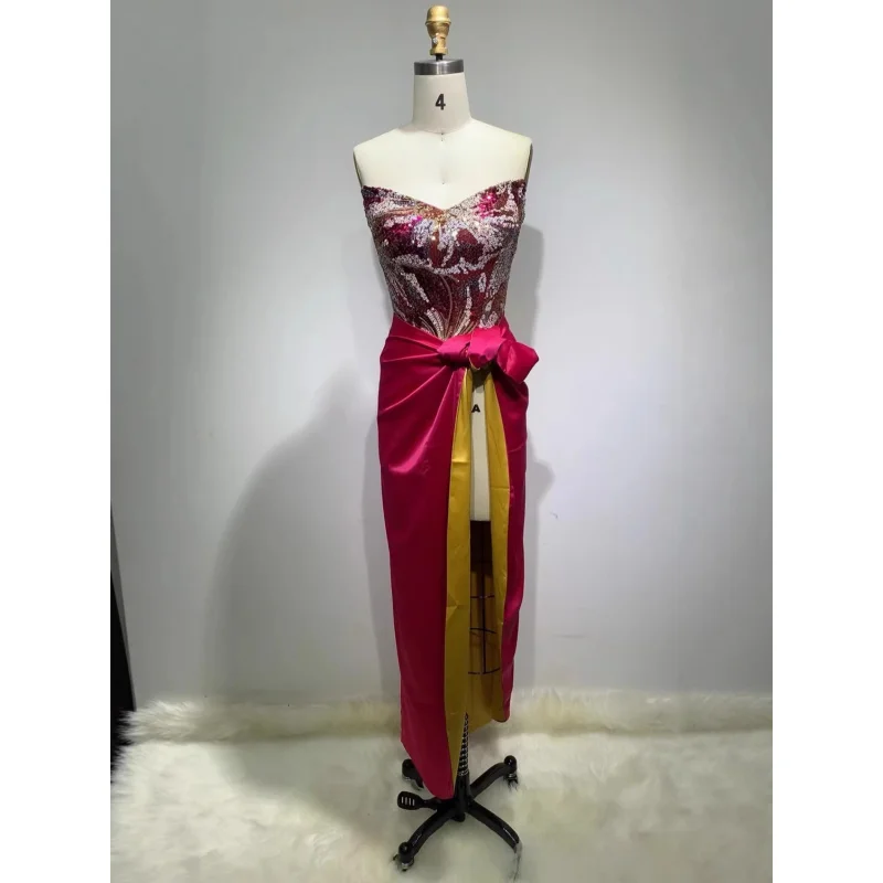 

Новинка: Женское платье без бретелек с богатой вышивкой и пайетками, атласное, из двух частей, с завязками, вечернее платье