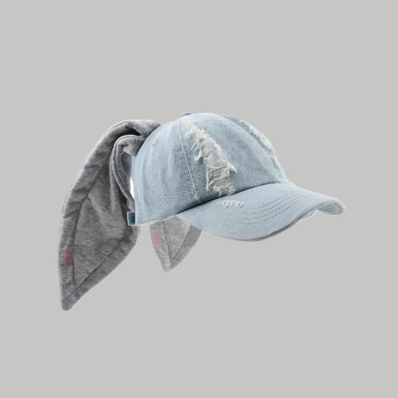 Von Prominenten inspirierte Niche Rabbit Ear Denim Ripped Baseball Cap Washed Graffiti Hip-Hop Sun Hat Trendy Cap – Detail 6