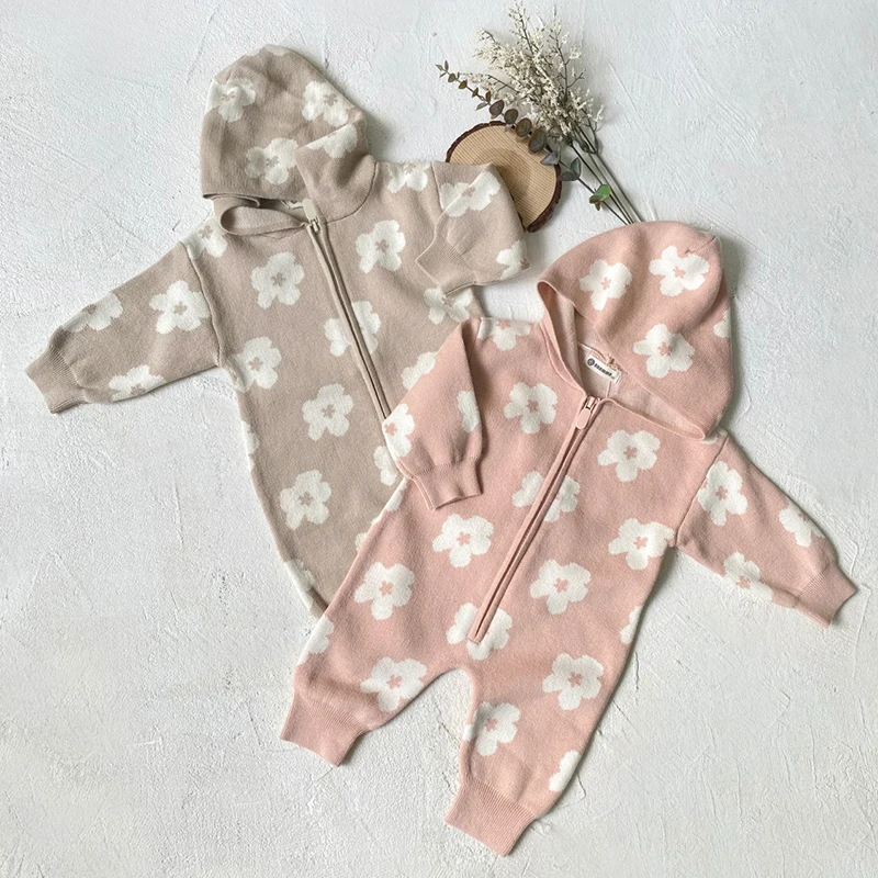 

2024 New Autumn Children Knitted Clothes Infant Baby Girls Knitted Hooded Printing Jumpsuit Toddler Baby Girl Knitted Romper