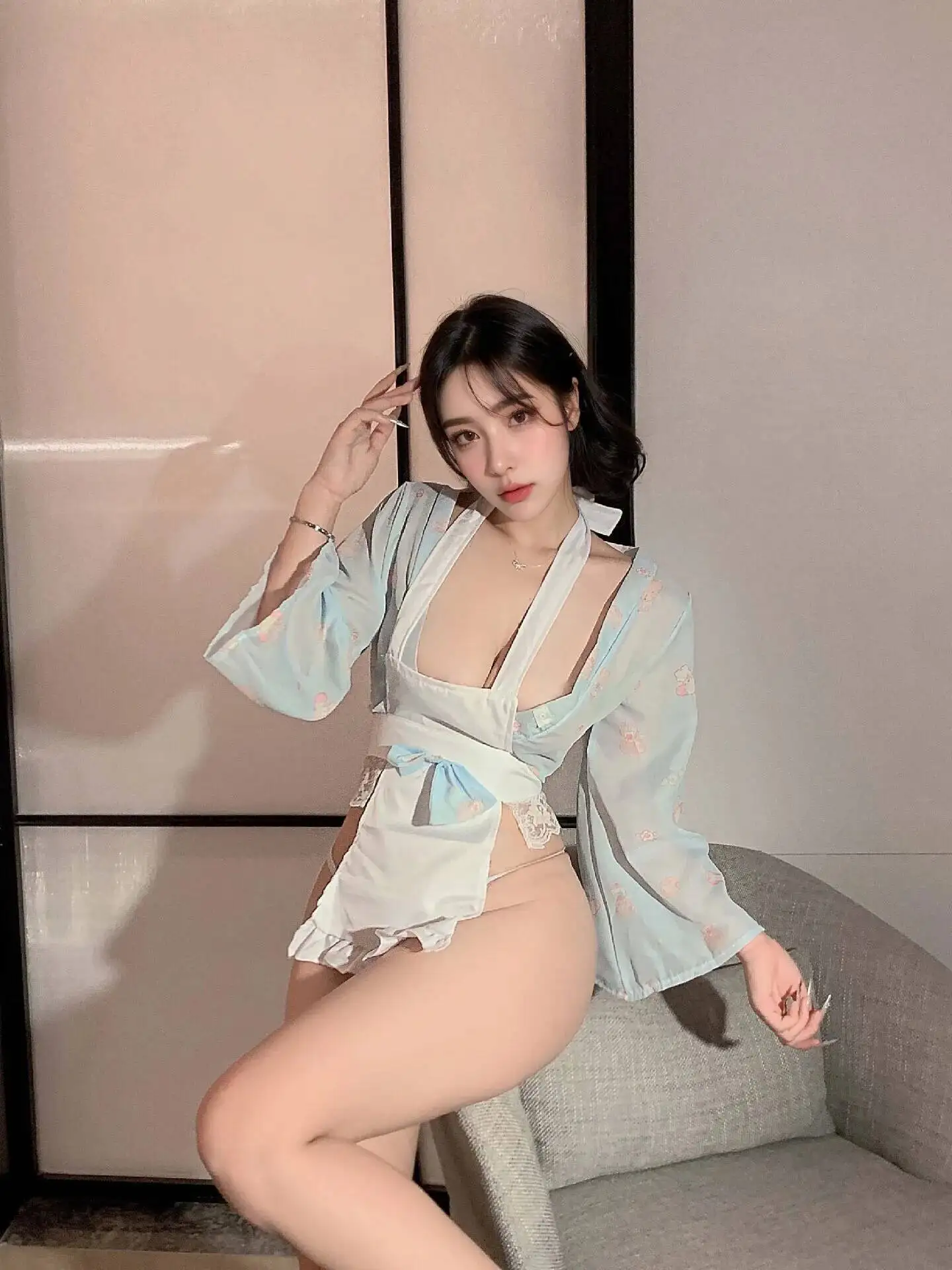 فستان مثير للرغبة النقية الحلو للمرأة أنيق خادمة شفافة Bowknot بأكمام طويلة مزين بالدانتيل فستان خادمة ساحر 2FB3