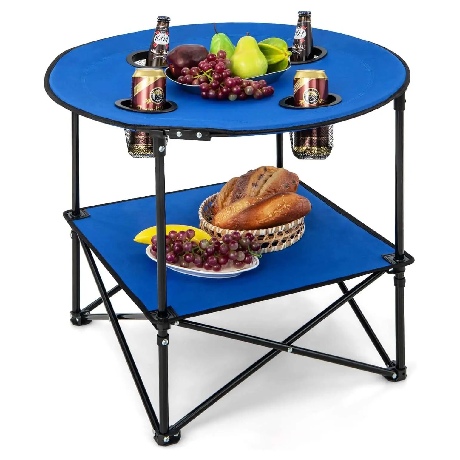 Mesa de camping plegable, mesa de pesca de 2 niveles con portavasos y bolsa de transporte, mesa de picnic, para acampar, picnic