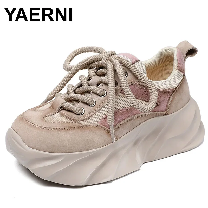 

Женские повседневные кроссовки из натуральной кожи разных цветов, обувь на платформе со шнуровкой и воздушной сеткой на толстой подошве на танкетке в студенческом стиле