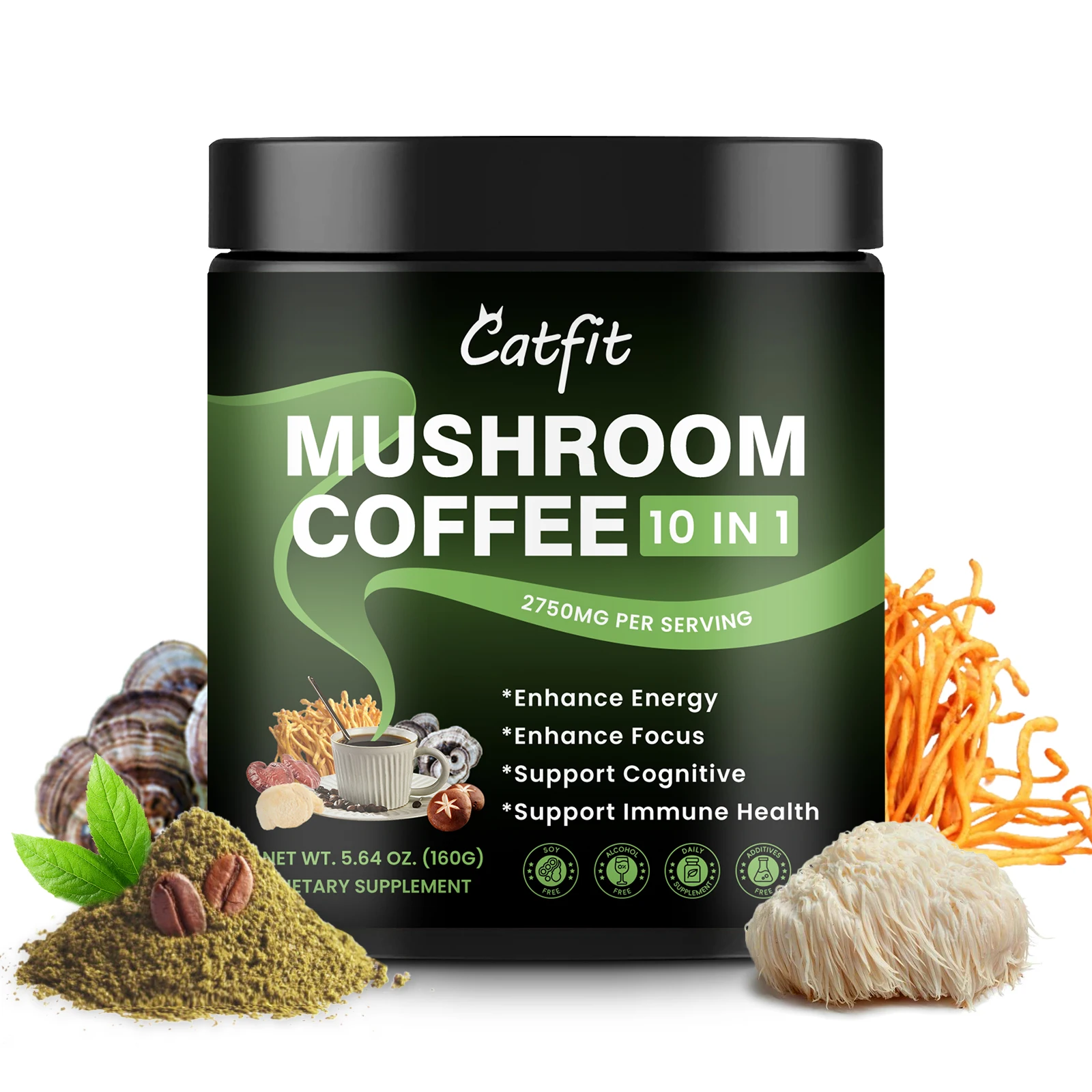 

Catfit 10In1 Lion's Mane Mushroom Matcha Coffee with Reishi Cordyceps&turkey Tail-Energy Mental Clarity&focus Brain Booster