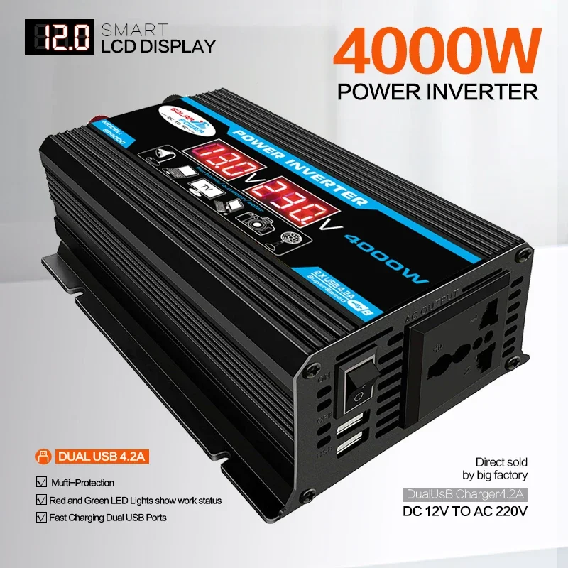 

4000W Inverter 110/220V Car Power Vehicle Power Inverter LED Display Dual USB Charger Converter Lightweight Auto Accessories