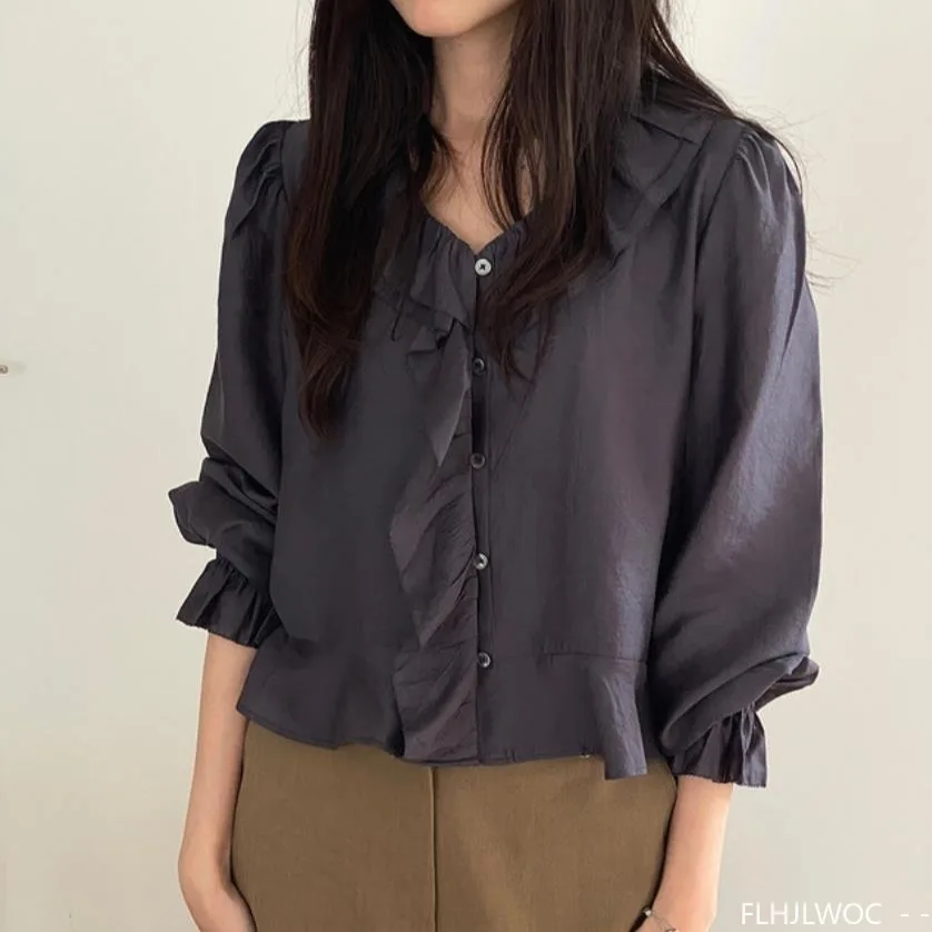 짧고 얇은 투명 탑 블라우스 새로운 패션 여성 일본 소녀 귀여운 레트로 빈티지 러플 탑 프레피 스타일 기본 셔츠