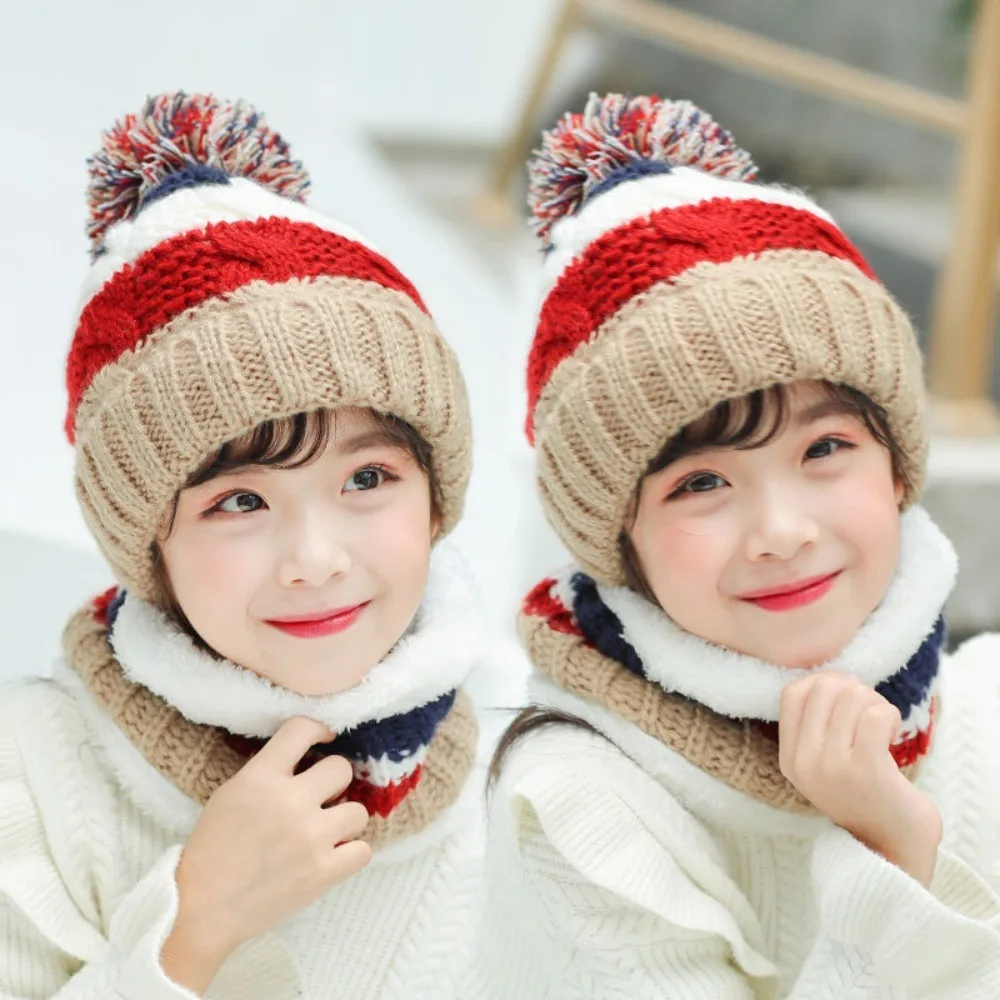 

Cute Velvet Knitted Wool Ball Hat Fleece Lined Thick Fleece Cap Scarf Set Keep Warm Neck Warmer for Winter