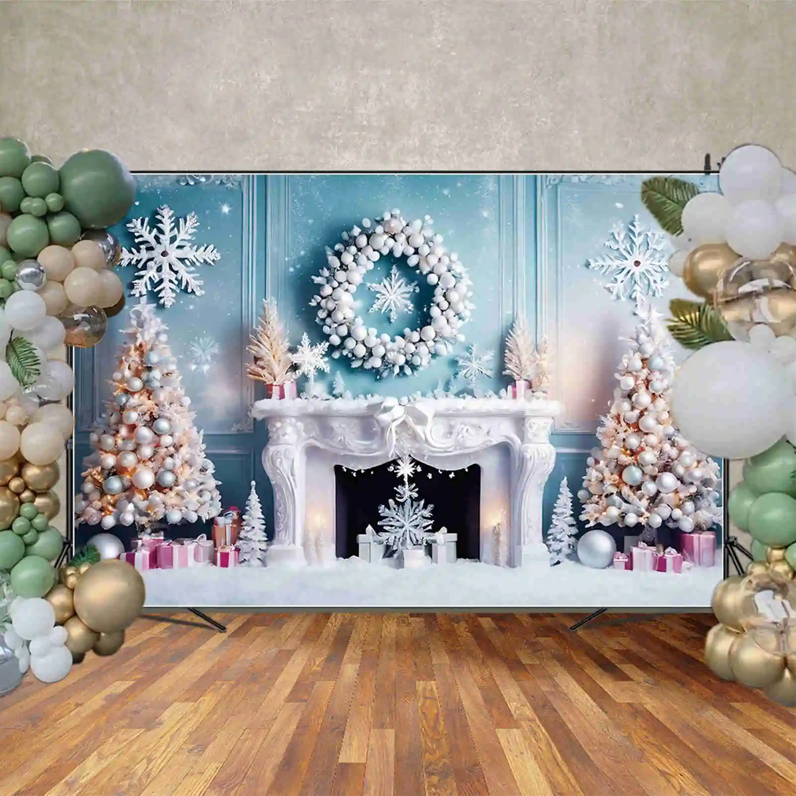 MOON.QG 화이트 크리스마스 트리 배경, 실내 겨울 눈 벽난로, 거실 배경, 파티 장식, 사진 소품