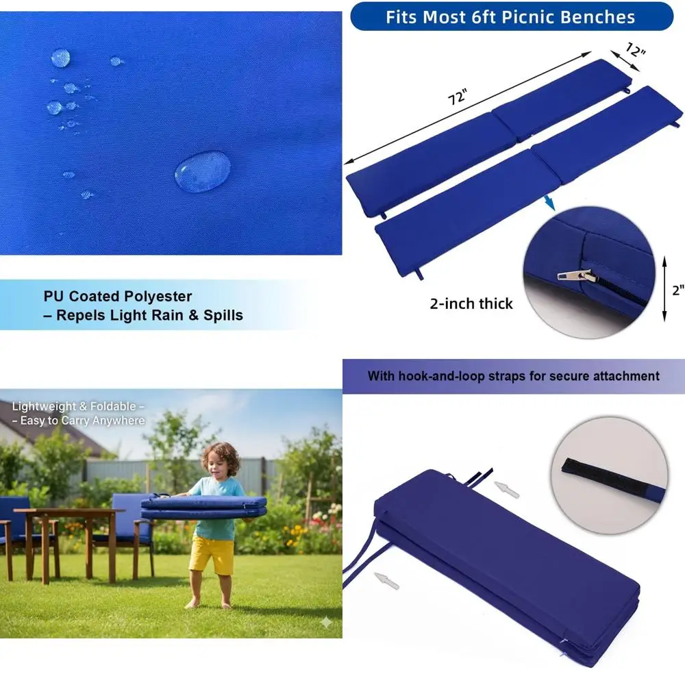 

2-Pack Waterproof Polyester Picnic Bench Seat Cushions, 72x12x2, Portable & Foldable, Suitable for Outdoor Tables, Camping, Pati