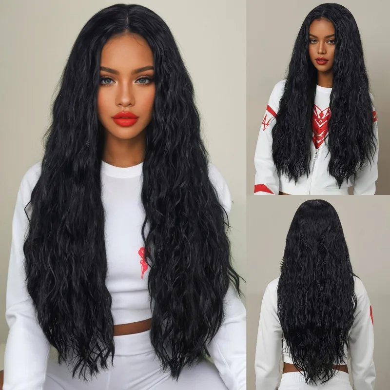 

Woman African Style Long Curly Hair Party Headwear Exotic Style Black People Center Parted Bangs Wig Lady Corn Curly Headgear