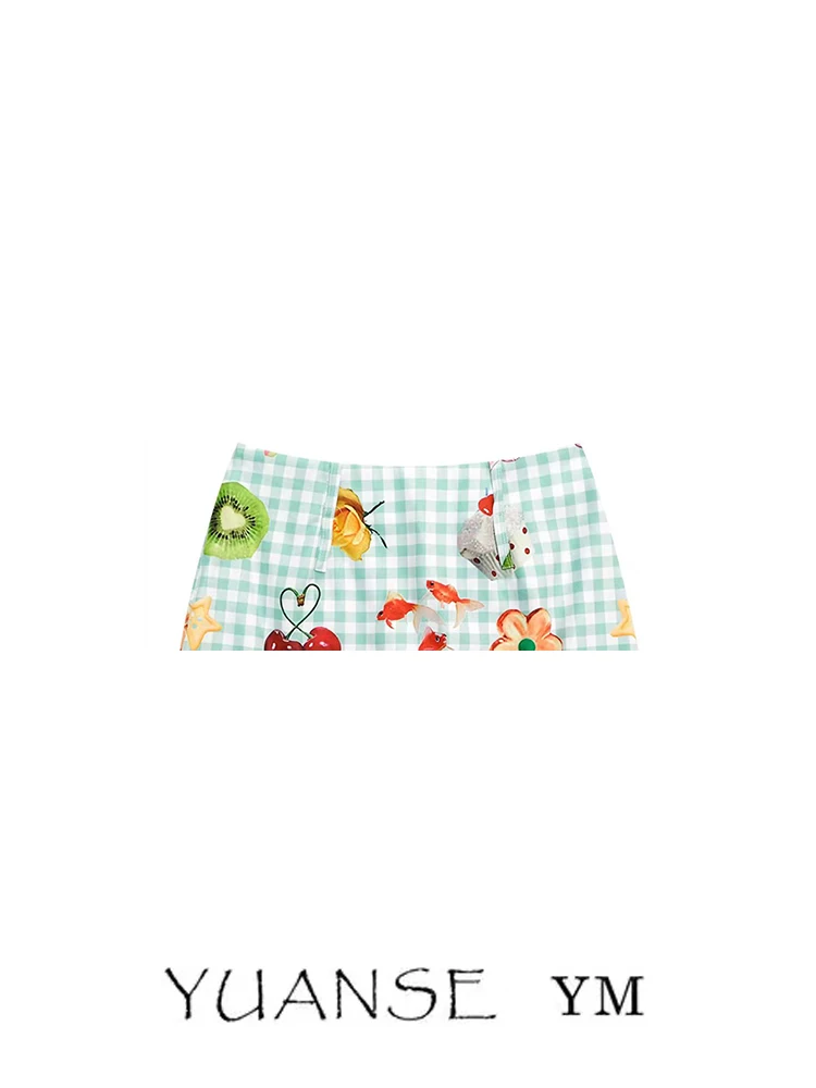Summer New American Design High Waist Green Plaid  Skirt Women's A-Line Skirt Slimming Fruit Print Half-length Skirt