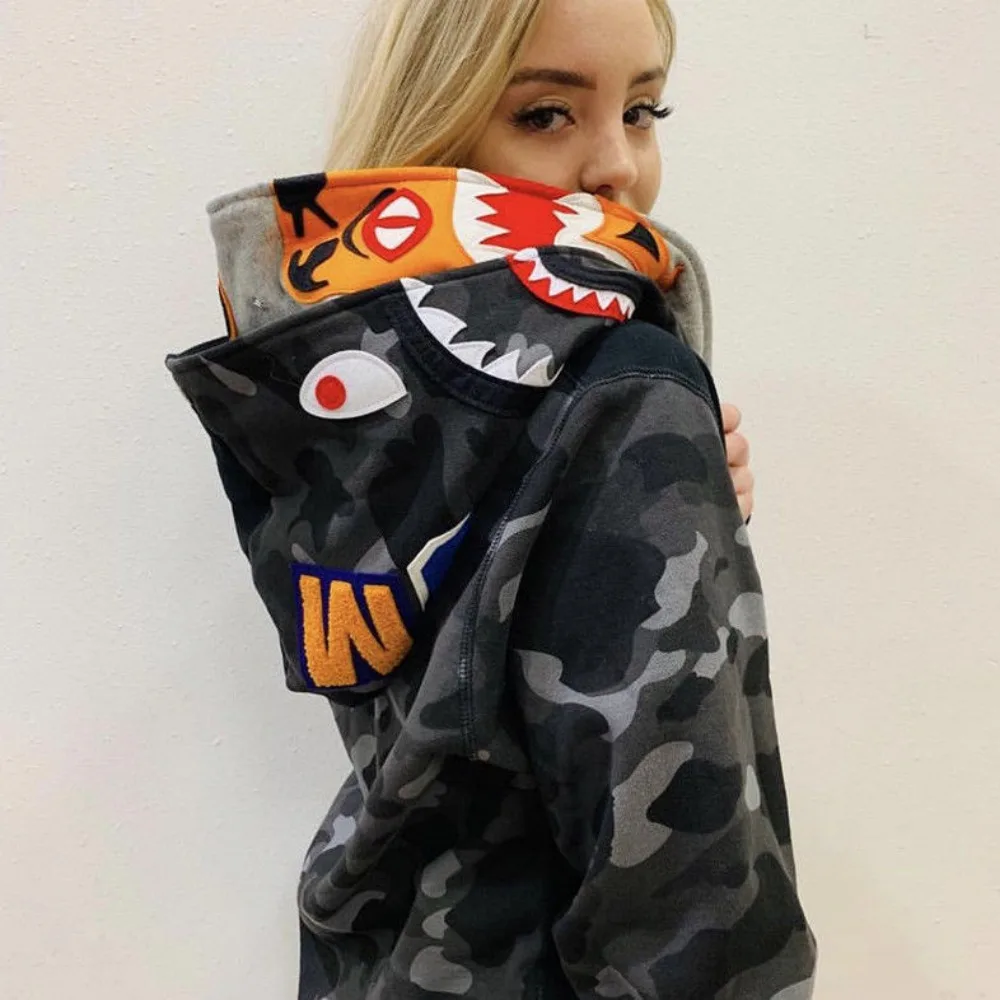 Instagram Shark Coat Double Hat Series Nightglow Camo Hooded Male and Female Student Couple Hip Hop Cardigan Zipper Sweater Gift