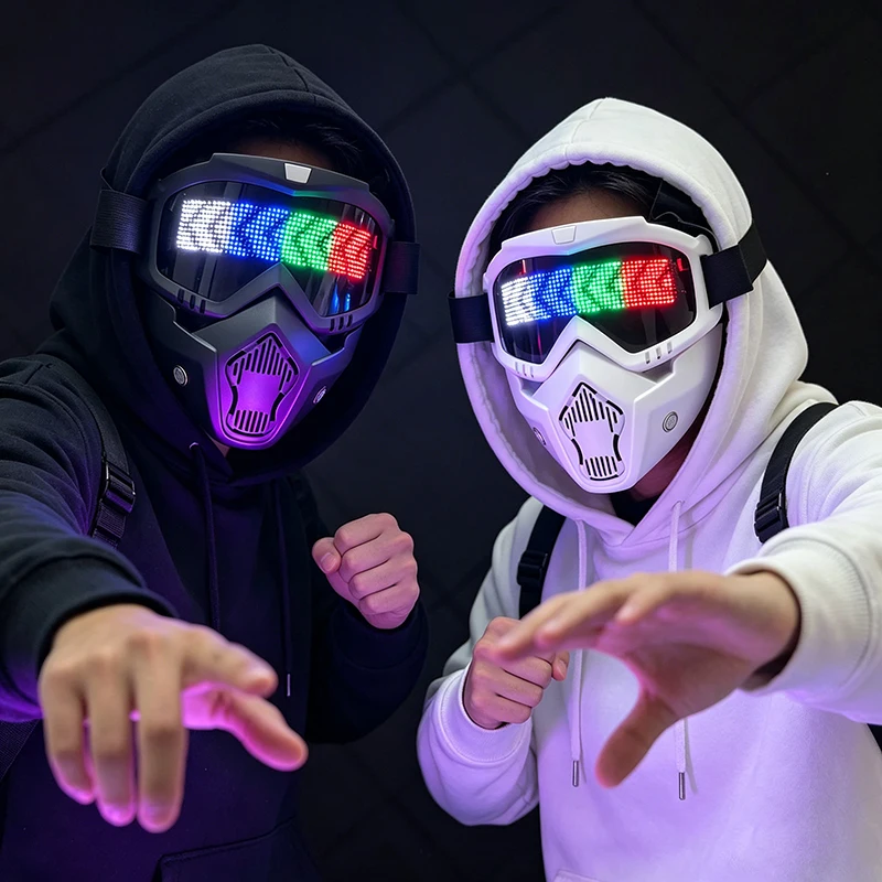Cool White Black Full Face Mask LED Bluetooth App Button Press Control Patterns Headgear Mask Adult Cosplay Mask