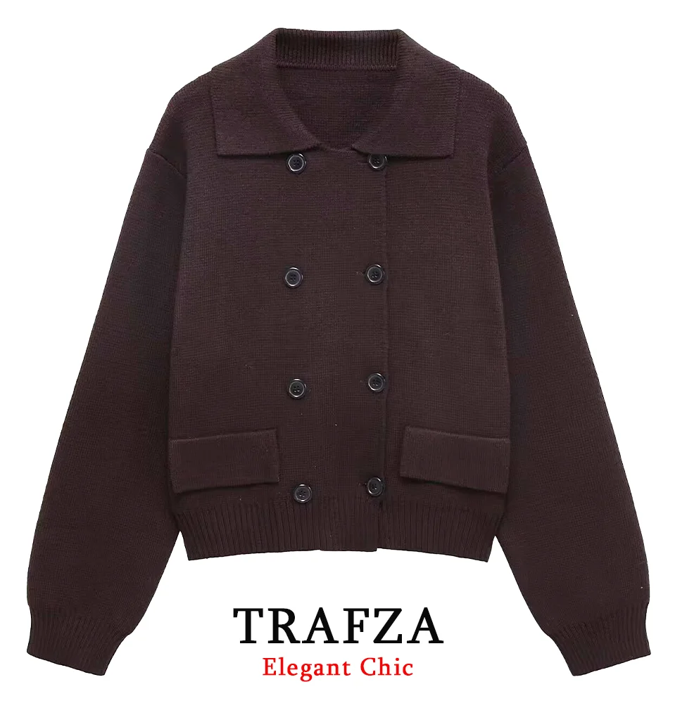 

TRAFZA Women Vintage England Style Cardigan Coat Knitted Lapel Double-Breasted Cardigan 2025 Fall Winter Elegant Lady Cardigan