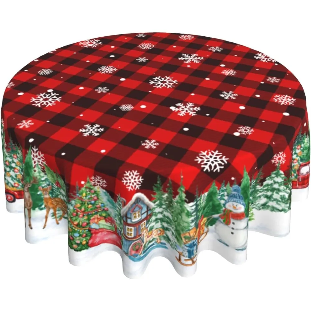 

Tablecloth 60 Inch Round Snowman Deer Snowflake Black Red Plaid Table Cloth Water-Resistant Spill-Proof Washable Fabric