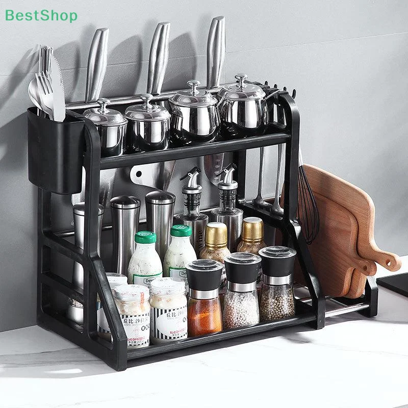 

〔Rebecca〕Multifunction 2Layer Seasoning Jar Spice Storage Rack Chopsticks Knife Shelf Kitchen Storage Organizer