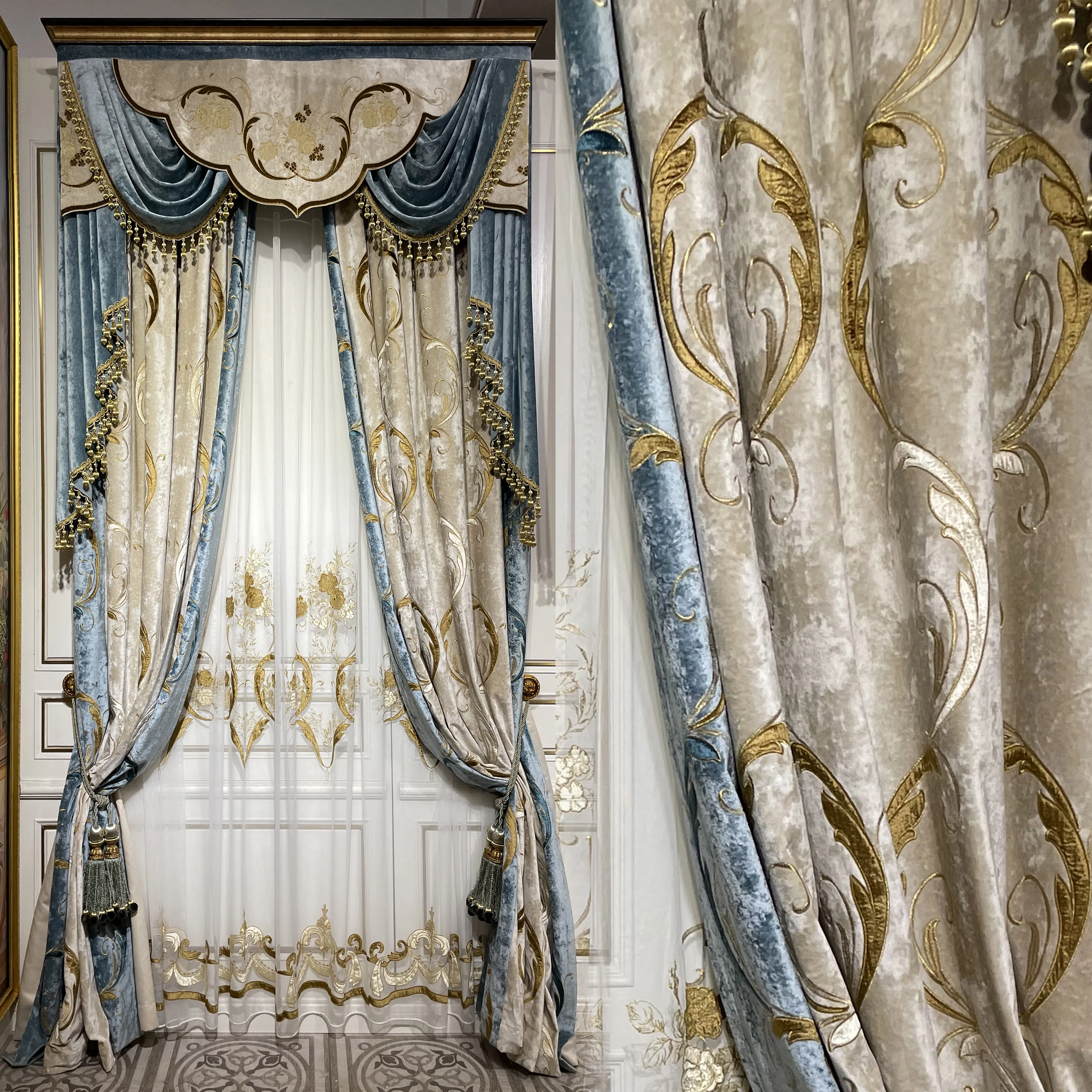 Custom Elegant villa European retro living room embroidered beige velvet cloth valance blackout curtain tulle drape C1978