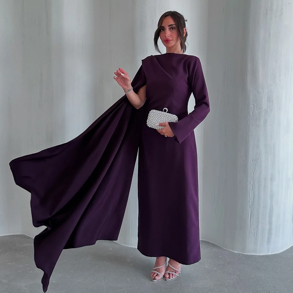 

Простое вечернее платье трапециевидной формы из джерси с круглым вырезом по индивидуальному заказу, вечернее платье с длинными рукавами и плиссировкой до щиколотки, платье для выпускного вечера для женщин