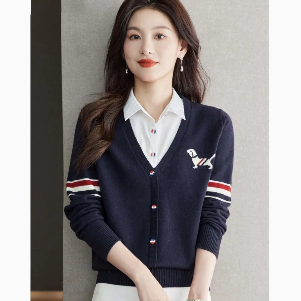 

Loose Knitted Sweater Fake Two-Piece Collar Women's Base irt Label Removed Commute Sle Winter Season Regular Fit