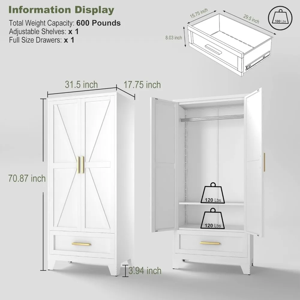 71 Farmhouse Metal Wardrobe Closet with Hanging Rod, 2 Barn Doors, Adjustable Shelves, Steel Armoire with Drawer for Home,