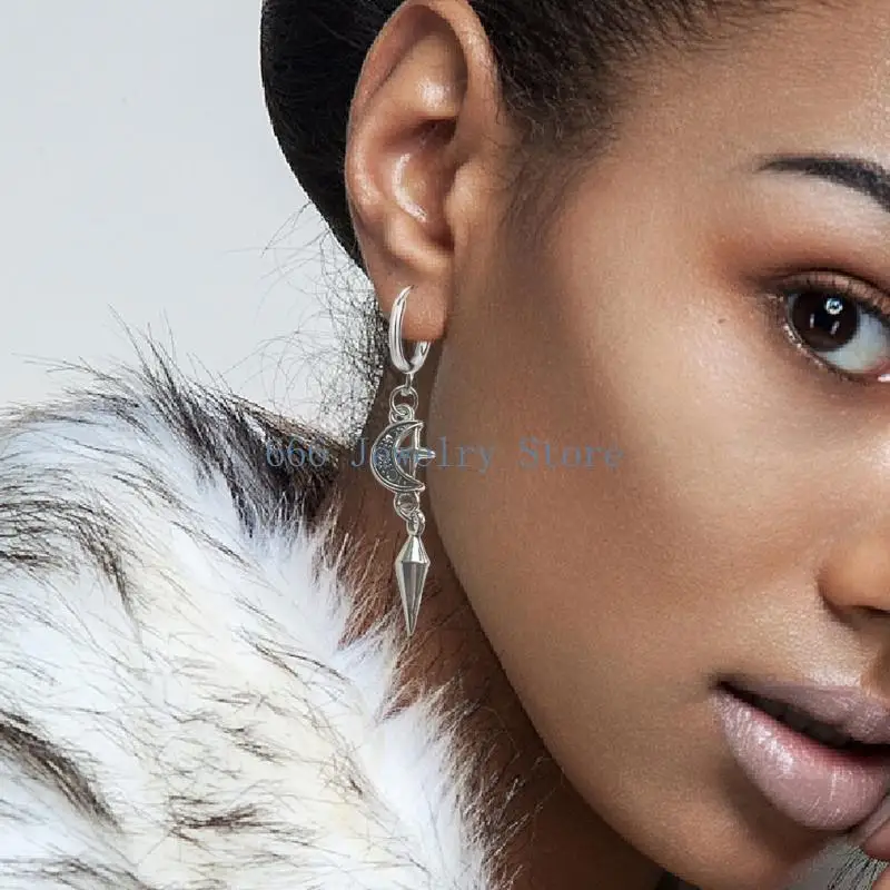 F2TD Gothic Spikes Earrings with Moon and Star Pendant Comfortable Ear Hoops Stylish Punk Accessories for Women Man