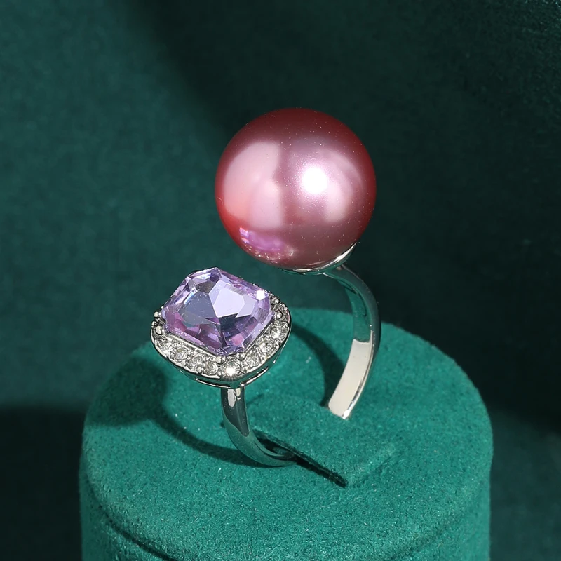 

Vintage Round Pearl Pink Rings Purple Rhinestone Geometry Shape Women Jewelry Evening Party Dress Silver Color Accessories Charm
