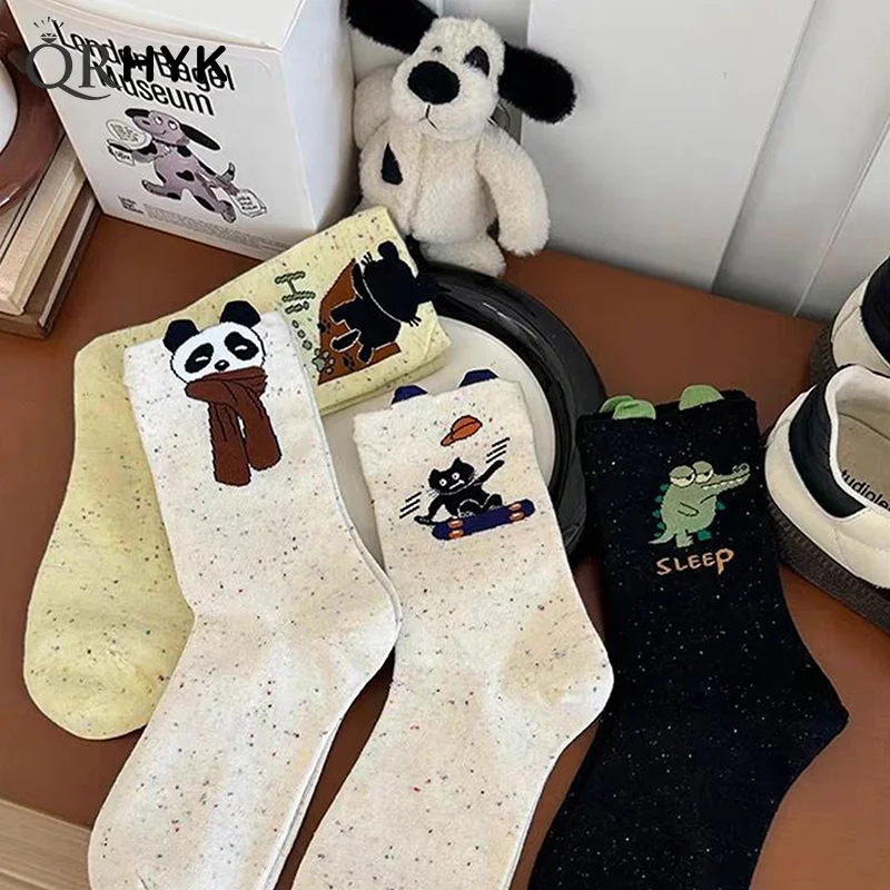 Cartoon Animals Socks Cute Cat Crocodile Panda Mid-tube Socks Breathable Casual Socks Sweat Absorption Sports College Style Sock