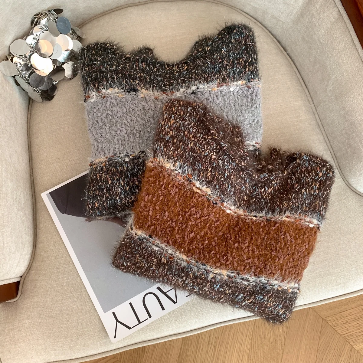 المرأة البني س الرقبة البلوز مخطط الموهير سترة Y2k خمر 2000s أنيقة البلوز متماسكة طويلة الأكمام سترة الخريف الشتاء 2025