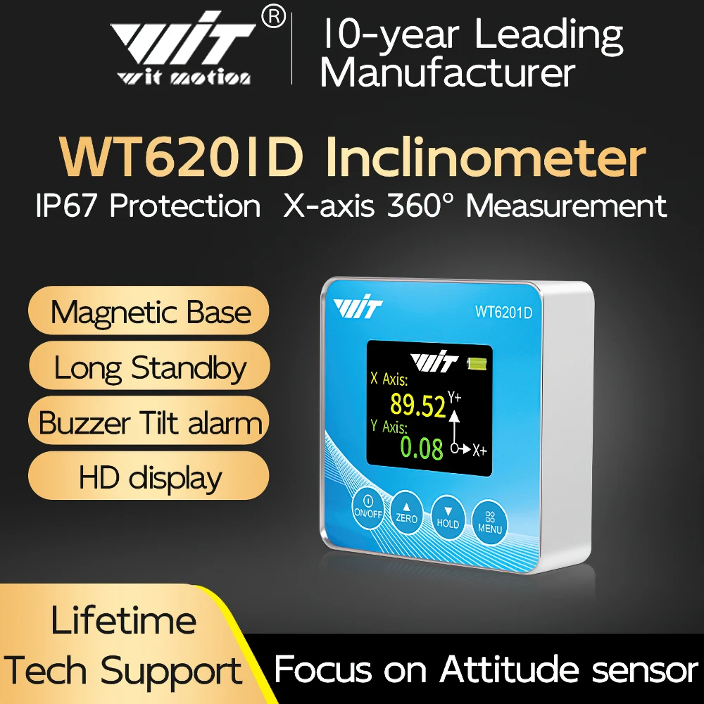 Wit-motion WT6201D high-precision digital display inclinometer with magnetic waterproof angle ruler small IP67 waterproof