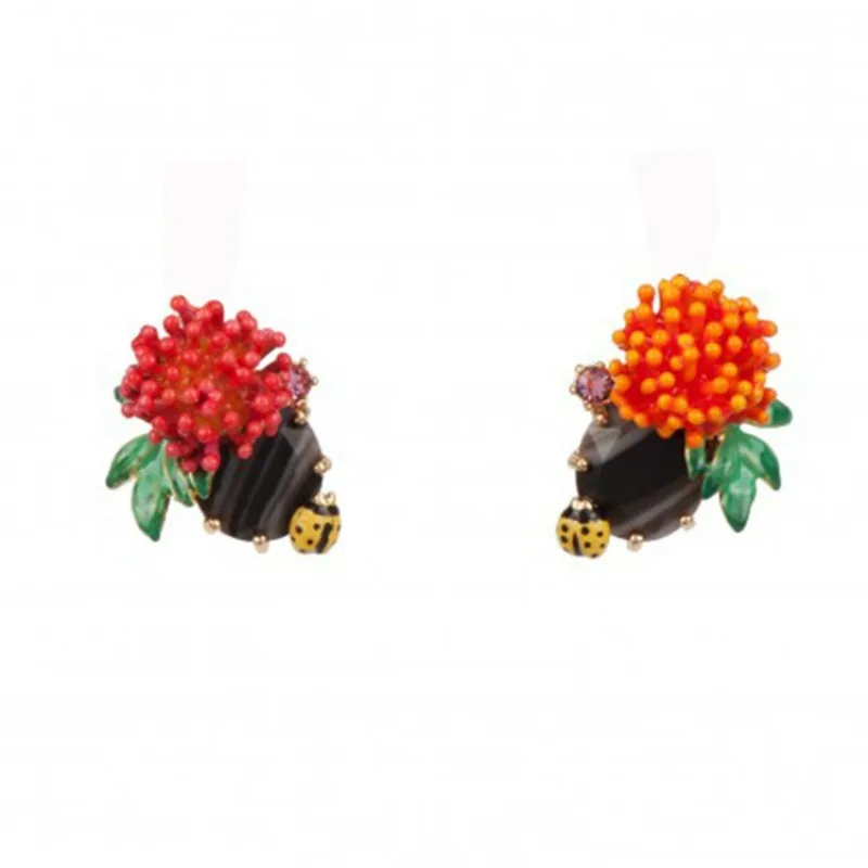 

Niche Design Hand-painted Enamel Glaze Orange Coral Cosmos Ladybug Insect Black Stone Beads Asymmetric Stud Earrings for Women