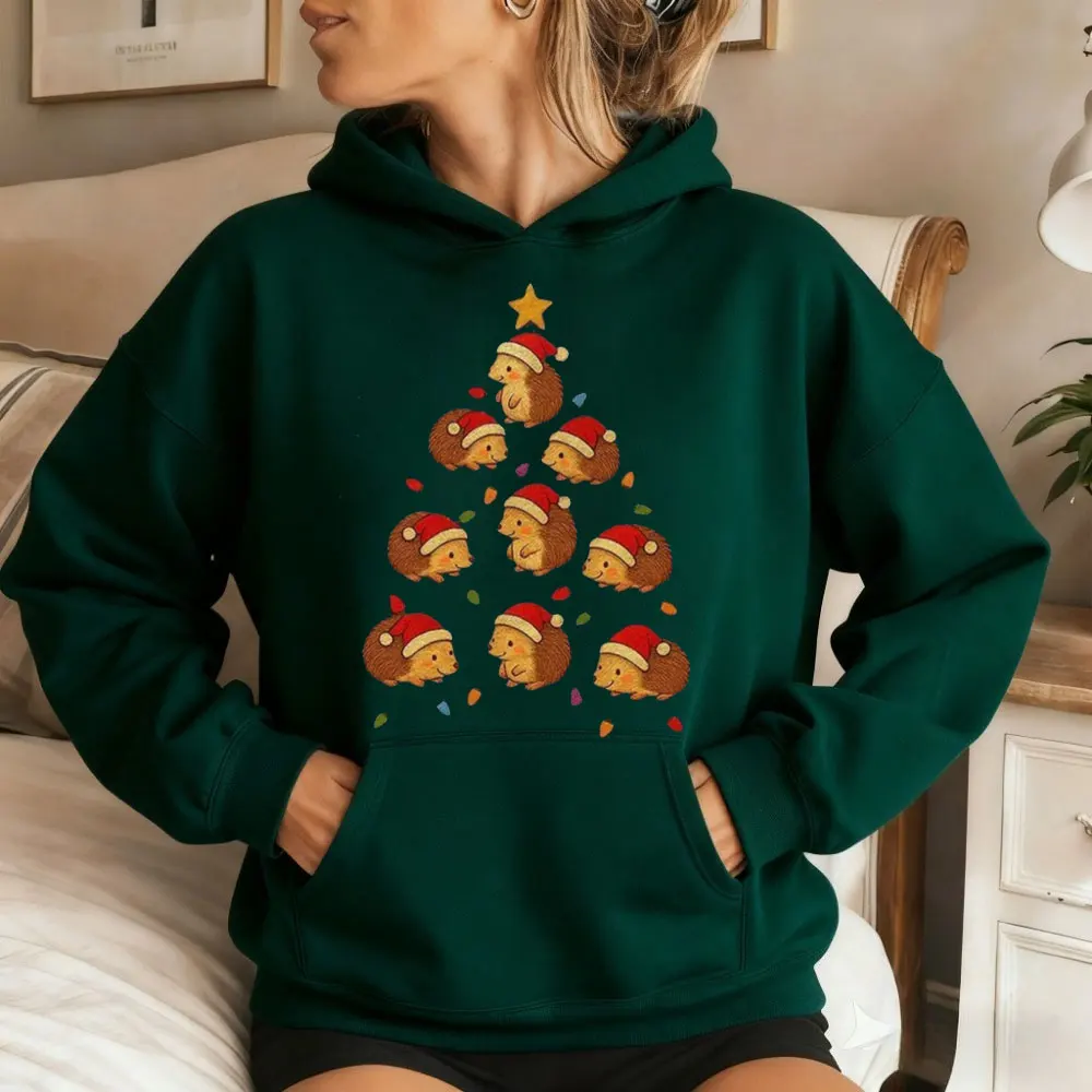 

Hedgehog Christmas Tree Hoodies Christmas Holiday Mens Sweatshirt Funny Graphic Pet Lover Long Sleeve Casual Holiday Xmas Gift