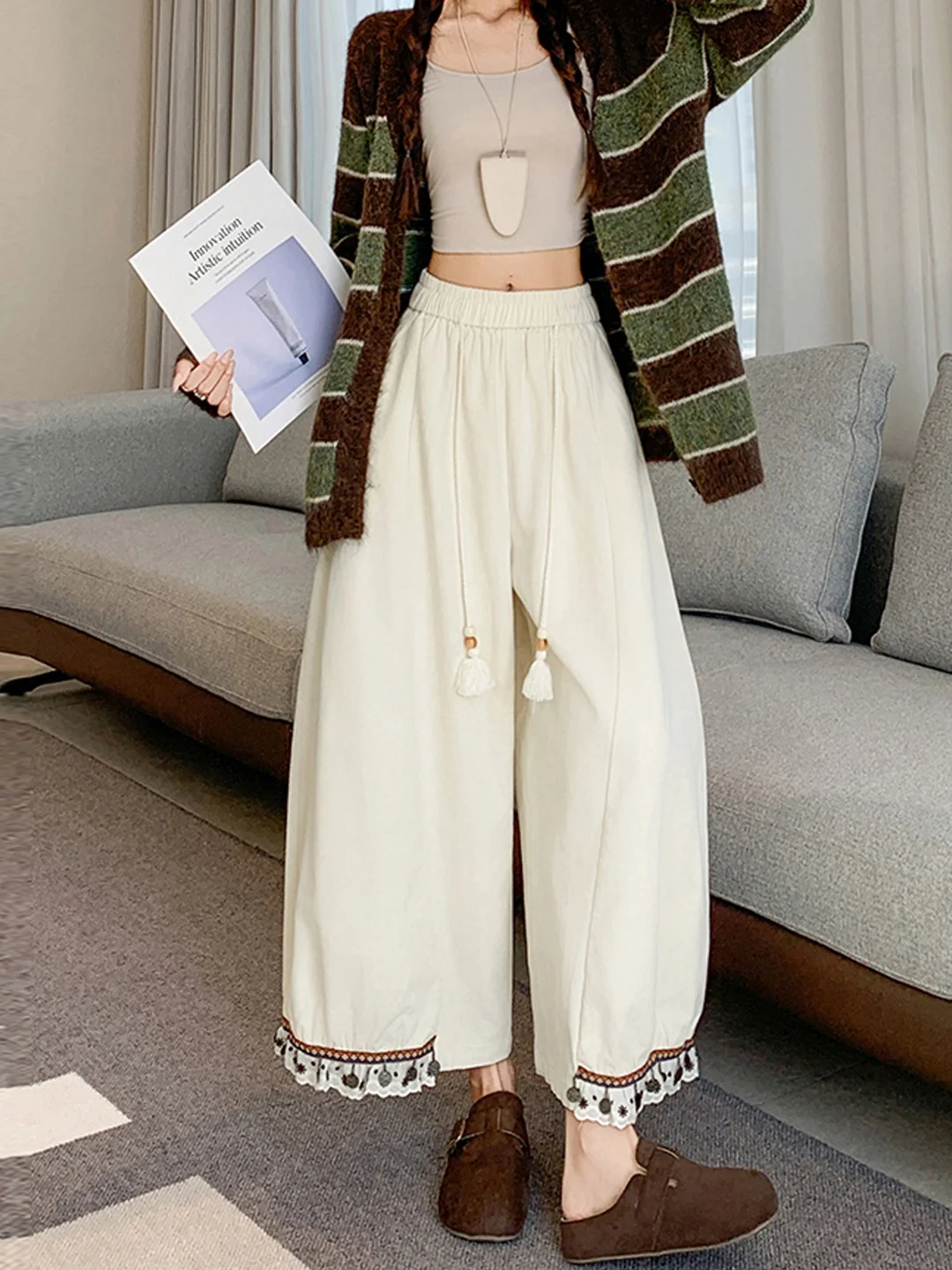 Elegant Embroidered Lace Trim Wide Leg Pants High Waist Elastic Waist Women's Early Autumn New Sweet Style Fashionable Trousers