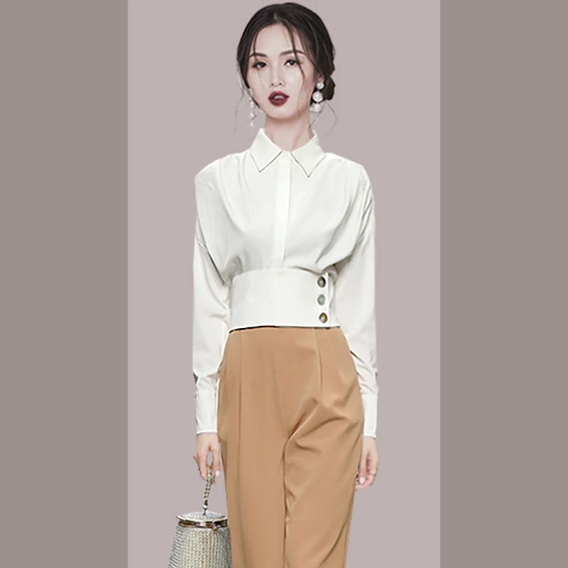 Autunno Ufficio OL Pantaloni Due Pezzi Set Nuove Donne Risvolto Collo Manica a Soffio Bottoni Camicia Sottile Bianca Top + Pantaloni Matita Formali Vestito