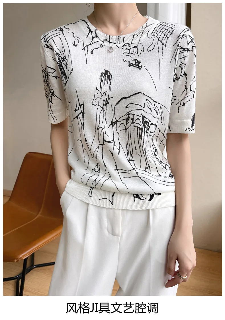 Summer Women's Thin Section Graffiti Digital Jacquard Round Neck Fine Imitation Wool Knitted Short-sleeved T-shirt  Pullover Top