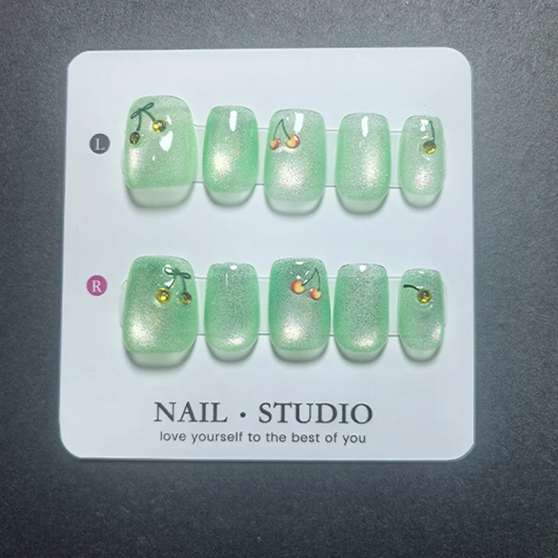 Cat Eye Press on Nails 10Pcs, Short Square False Nails with Cherry Goldfish Fireworks Bowknot, Festive Nail Art Fake Nails