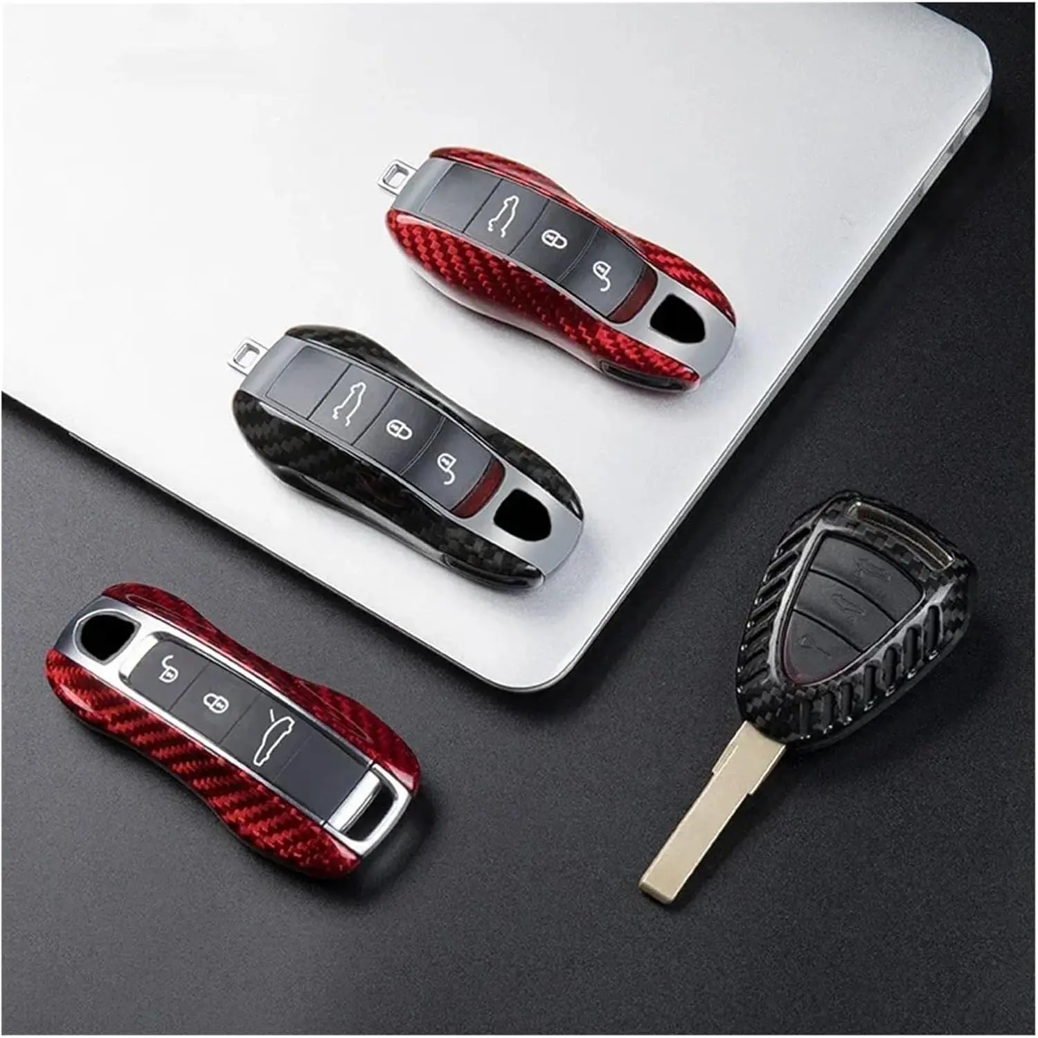 Car Carbon Fiber Key Case Cover Compatible For Porsche Macan 911 Panamera Cayenne 2018 Replacement Accessories(Red1)